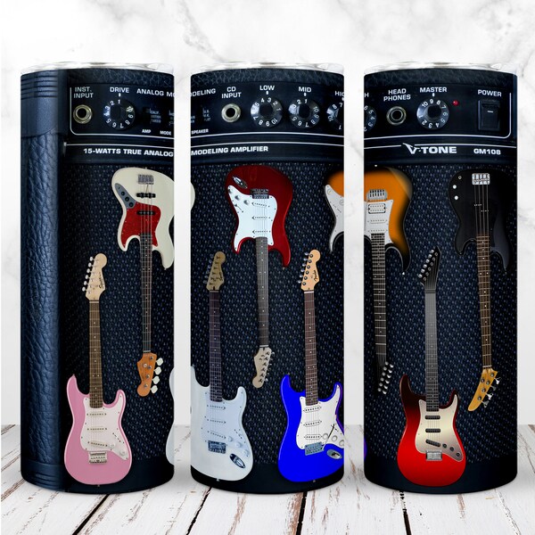 Guitar Tumbler Wrap PNG 20oz Skinny Tumbler Rock Music Electric Guitar Sublimation Design Straight Seamless Digital Design Instant Download