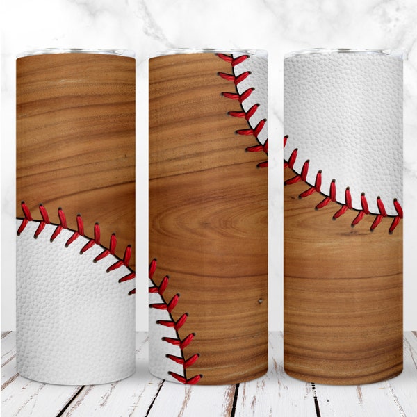 Baseball Tumbler Wrap PNG 20oz Skinny Tumbler Baseball White Leather Baseball Ball Wood Sublimation Seamless Digital Design Instant Download