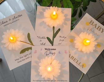 Daisy-Shaped Candle Favor – Personalized Card for Birthday, Baby Shower, Engagement & Wedding | Elegant Party Gift