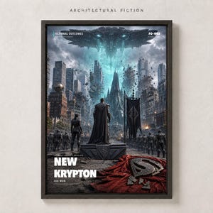 Può includere: Un poster incorniciato intitolato New Krypton che mostra un oscuro paesaggio urbano futuristico con una grande astronave aliena sopra. Una figura centrale con un mantello nero si trova su una piattaforma davanti a una folla, con un tessuto rosso.