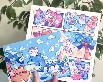 Y2K Beach Art Prints | Kawaii Summer Room Decor | Animal Mascot Anime Artwork | Whimsical Illustration