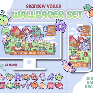 May include: A digital wallpaper set featuring a charming, hand-drawn illustration with a pastoral theme. The design includes a computer monitor and a phone screen displaying a farm scene with a character watering plants. The set includes 16 icons and the text "Stardew Valley Wallpaper Set."