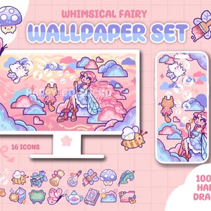 May include: A whimsical fairy wallpaper set displayed on a computer monitor and phone, with 16 icons. The design features a fairy, clouds, butterflies, and mushrooms in pastel pink, blue, and purple. Text reads "Whimsical Fairy Wallpaper Set" and "100% Hand Drawn."