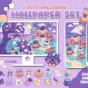 Könnte beinhalten: Ein digitales Hintergrundbild-Set mit dem Titel KITTY HALLOWEEN WALLPAPER SET, das einen Computermonitor und ein Smartphone mit einer lila Szene, einem Kürbishaus, einer Katze mit Hexenhut und sechzehn Symbolen wie Fledermäusen und Süßigkeiten zeigt.