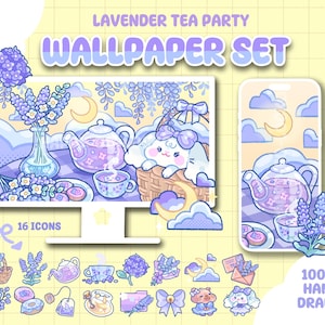 Puede incluir: Un conjunto de fondos de pantalla titulado Lavender Tea Party con ilustraciones dibujadas a mano de una tetera, taza, flores de lavanda, una luna creciente y un conejo blanco en una cesta en pantallas de ordenador y móvil.