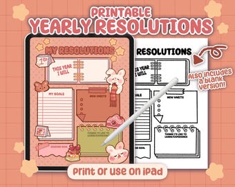 Kawaii Yearly Resolutions Worksheet – Goal Setting Planner (Digital Download)