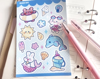 Kawaii Beach Sticker Sheet | Summer Animal Planner Stickers | for Journaling, Scrapbooking, Penpal