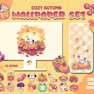 Könnte beinhalten: Ein digitales Hintergrundbild-Set mit dem Titel COZY AUTUMN WALLPAPER SET, bestehend aus einem Computermonitor und einem Smartphone, die einen Welpen auf Kürbissen zeigen. Enthält 16 handgezeichnete Icons von Eicheln, Kerzen, Pullovern, Kuchen und Pilzen.