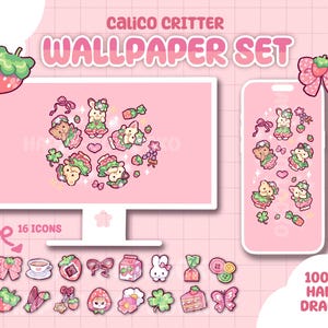 May include: A pink wallpaper set featuring Calico Critter characters, a computer monitor, and a smartphone. The set includes 16 icons and is 100% hand-drawn. The design includes strawberries, bows, and other cute elements.