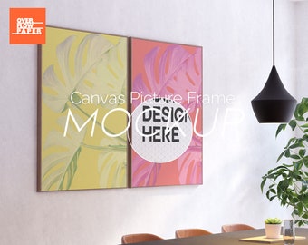 Conjunto de 2 Mockups de Molduras em Tela para Sala de Jantar, Mockup de Quadros para Fotos, Mockup de Molduras de Madeira para Pôsteres, Molduras de Parede, Arquivo PSD editável para Download Digital.