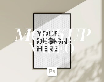 May include: A black framed poster mockup with the text "MOCK UP VIDEO" in white. The poster has a geometric pattern and the text "YOUR DESIGN HERE" in black. The Adobe Photoshop logo is in the bottom right corner.