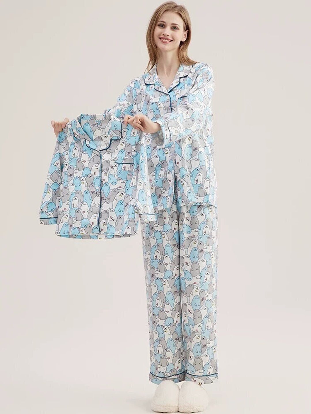 California Sea Lion Print Pajamas, Blue Flannel Cotton PJS, Unique