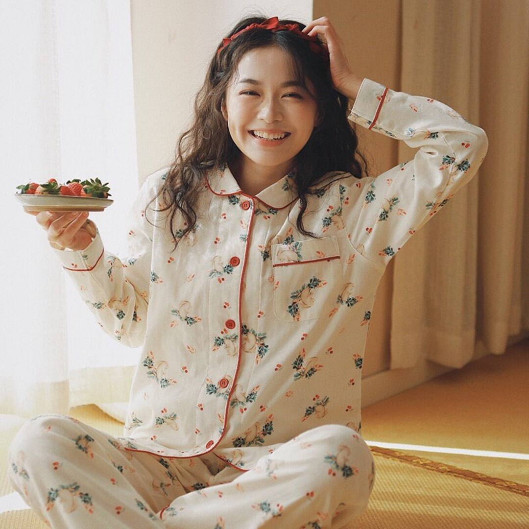 Cute Rabbit Print Pajama Set, Flora PJS, 100 Cotton Pyjamas, Y2K Clothing, Valentines Gift for