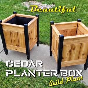 May include: Two cedar planter boxes with black accents and legs are shown on a concrete surface with grass. The text "Beautiful" and "Cedar Planter Box Build Plans" are visible.