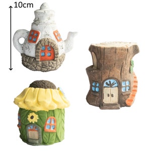 Set of 3 Fairy Houses for Garden Tea-pot, Trunk & Sunflower 10cm