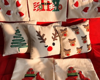 Punch Needle Christmas Pillow, Embroidered Linen Cushion, Winter Decor