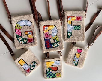 Punch Needle Personalized Bag, Punch Needle Embroidered Mini Crossbody Phone Bag, Punch Phone Bag Case Whit Strap,Valentine&#39;s Day Gift