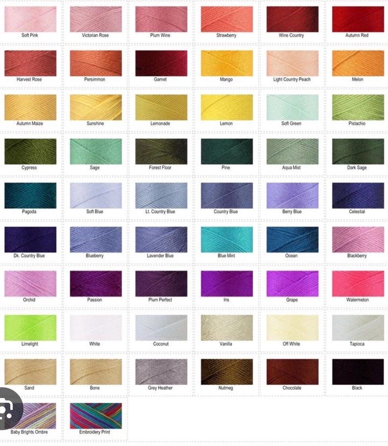 May include: A color chart featuring a grid of 68 rectangular swatches of embroidery thread, each labeled with its specific color name including Soft Pink, Autumn Red, Sunshine, Forest Floor, Blueberry, and Black, arranged in rows and columns.