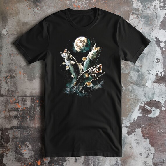 Three Bass Moon Fishing T-shirt: Night Fishing Cosmic Graphic Art