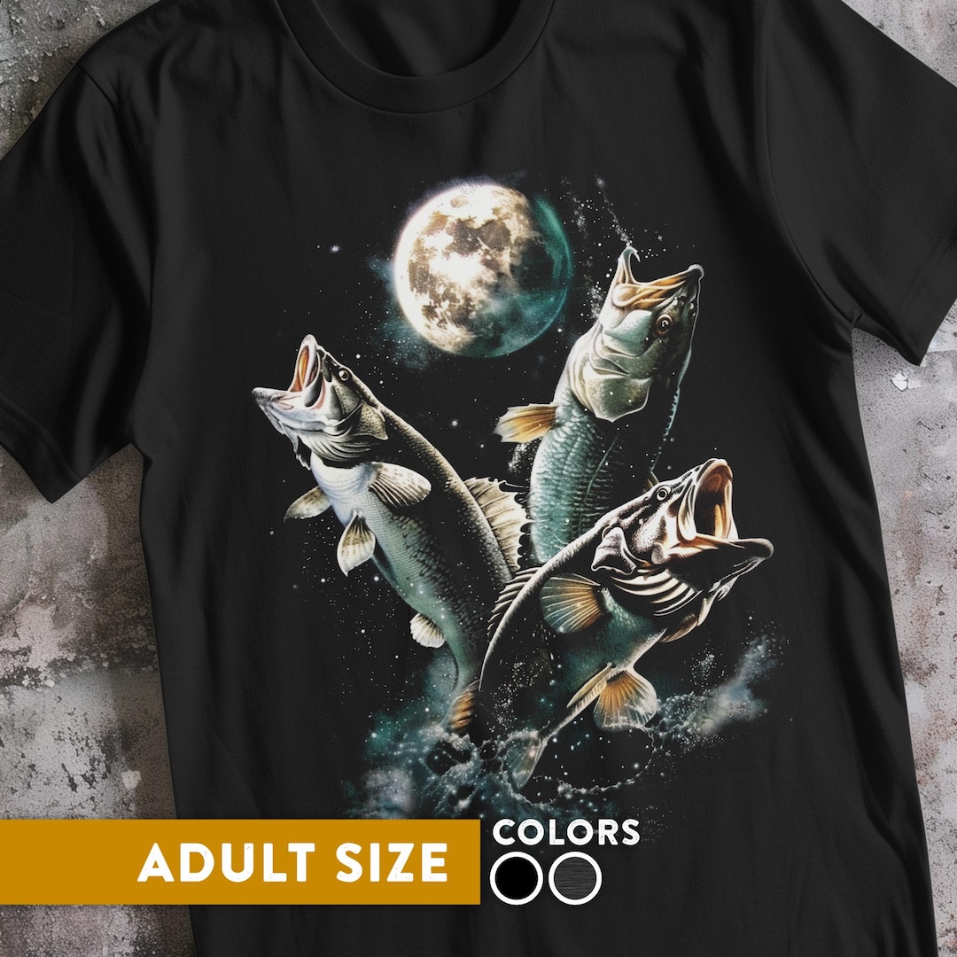 Three Bass Moon Fishing T-shirt: Night Fishing Cosmic Graphic Art