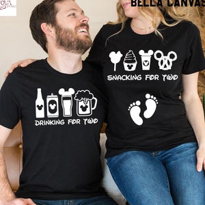 Disney Pregnancy Reveal Matching T-Shirts, Disney Matching Couple Shirts, Snacking For Two And Drinking For Two Disney Tees, Baby Reveal Tee