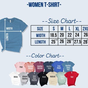 May include: A light blue t-shirt with a size chart and color chart. The size chart shows width and length measurements in inches for sizes S to 2XL. The color chart displays various t-shirt colors, including pink, white, and red.