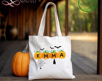 Personalized Kids Halloween Tote Bag – Pumpkin Ghost Trick or Treat Bag