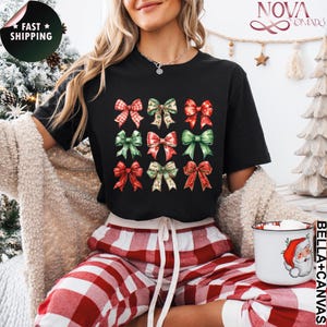 Christmas Bows T-Shirt | Red and Green Holiday Tee | Cute Bow Christmas Shirt | Festive Graphic Tee for Women | Holiday Party Outfit