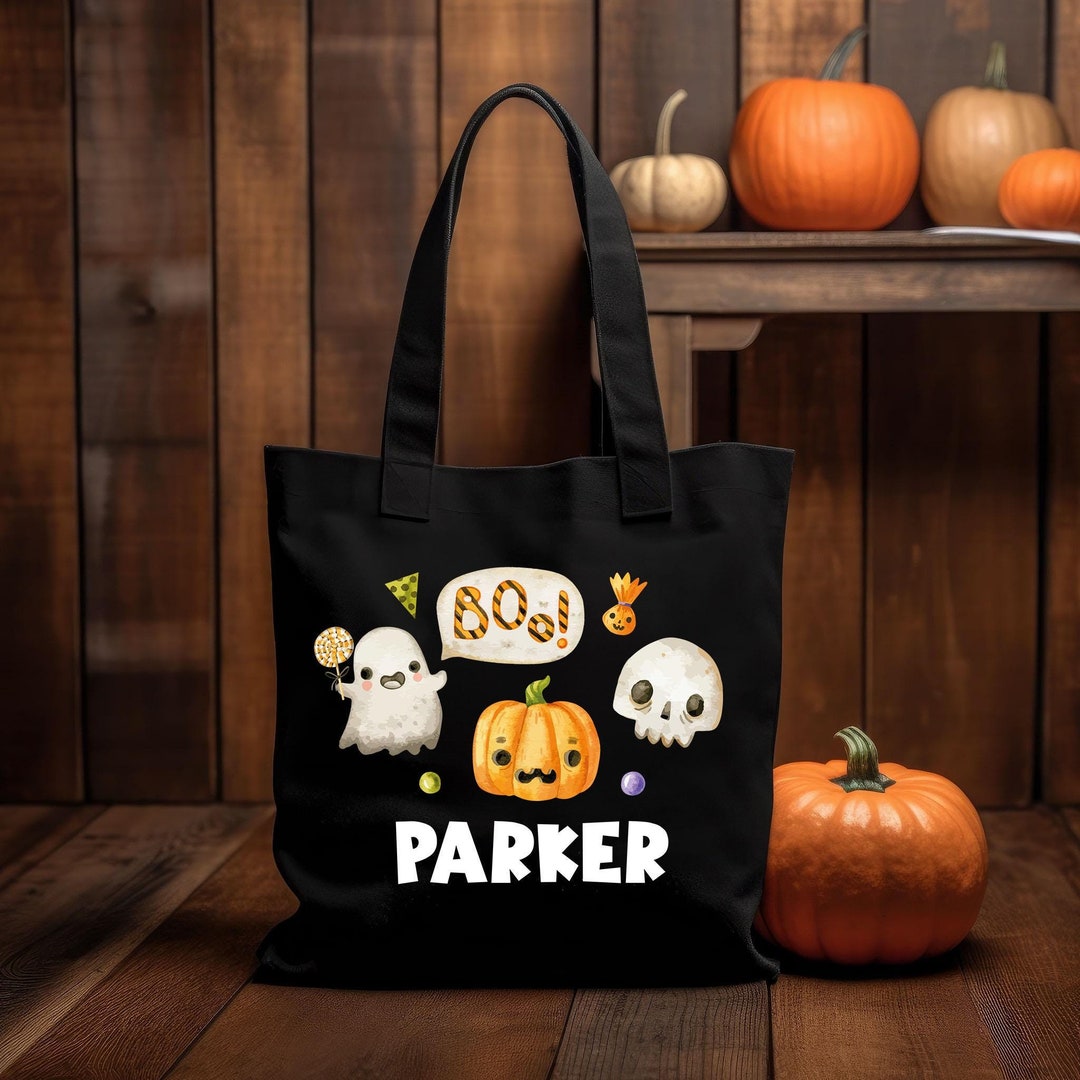 Personalized Kids Halloween Tote Bag, Spooky Trick or Treat Candy Bag ...
