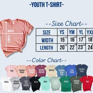 May include: A peach-colored youth t-shirt with a size chart showing width and length measurements in inches. A color chart displays various t-shirt colors, including white, pink, black, and red. The text "YOUTH T-SHIRT" is at the top.