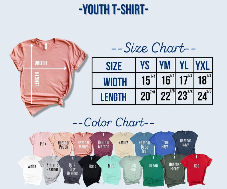 May include: A peach-colored youth t-shirt with a size chart showing width and length measurements in inches. A color chart displays various t-shirt colors, including white, pink, black, and red. The text "YOUTH T-SHIRT" is at the top.