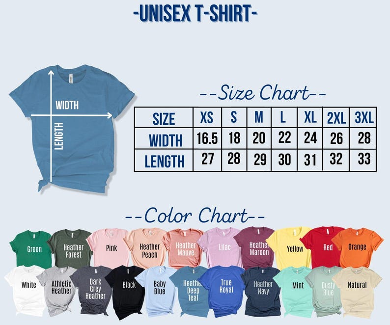 May include: A light blue unisex t-shirt with a size chart showing widths from 16.5 to 28 inches and lengths from 27 to 33 inches. A color chart displays various t-shirt colors, including green, pink, and yellow.