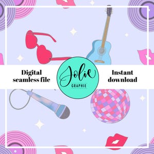 Aesthetic Girlie Music Lover Era Seamless Repeat Pattern PNG Digital Download for Fabric Sublimation Design Pop Star Guitar Disco Sunglasses