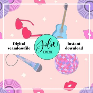 Music Lover Era Seamless Repeat Pattern PNG Digital Download for Fabric Sublimation Design Girlie Aesthetic Pop Guitar Disco Ball Coral File