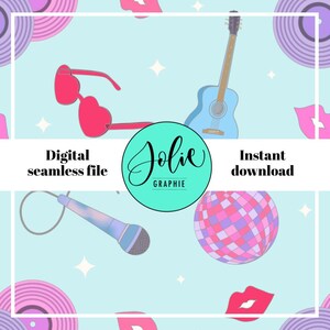 Music Lover Era Seamless Repeat Pattern PNG Digital Download for Fabric Sublimation Design Girlie Aesthetic Pop Star Blue Guitar Sunglasses