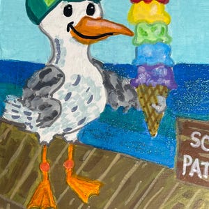 May include: A whimsical painting of a seagull wearing a green cap, holding a towering ice cream cone with scoops of red, yellow, green, blue, and purple. The seagull has an orange beak and feet. The background shows a blue sea and a wooden dock.