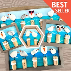 Seagull Rock Wall Art (2–7 Gulls) | Coastal Driftwood & Sea Glass Decor | Handmade Coastal Wall Hanging | Beach House Gift