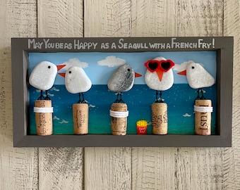 Funny French Fry Seagull Wall Art with 5 or 7 Hand Painted Stone Gulls