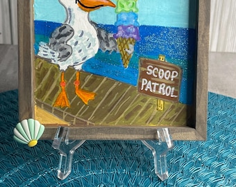 Hand-Painted Seagull Wall Art: Coastal Beach Decor with Ice Cream