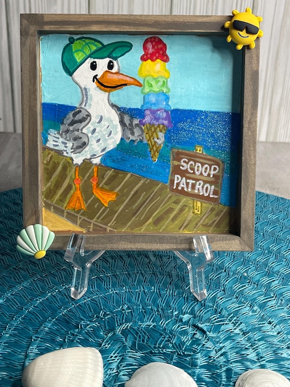 Hand-Painted Seagull Wall Art: Coastal Beach Decor with Ice Cream
