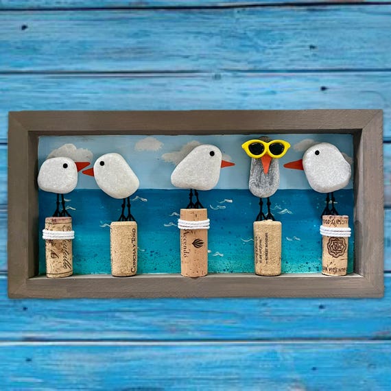 Seagull Family Wall Art with 2–7 River Rock Gulls | Can Be Personalized