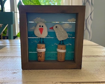 Seagull Wall Art, 2 Gull Rock Art in 6” Pallet Frame, Coastal Beach House Decor