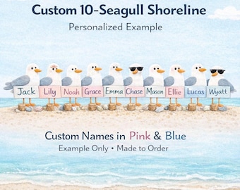 10 oeuvres d'art murales personnalisées mouette pour Katie - 23 x 6 pouces avec coquillages, lunettes de soleil et fleurs