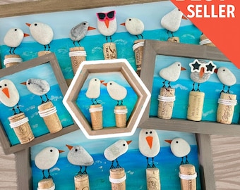 Seagull Family Wall Art with 2–7 River Rock Gulls | Can Be Personalized