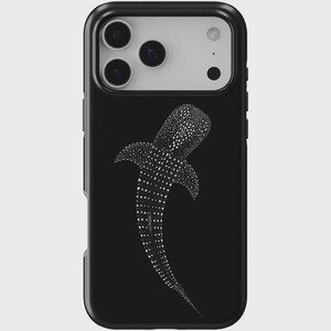 May include: Black phone case with a white whale shark design. The illustration shows the whale shark's unique spotted pattern. The case has a black border and a camera cutout at the top.