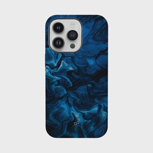 May include: A smartphone case with a swirling blue and black abstract design. The case has a glossy finish and features a camera module with three lenses and a flash. The bottom right corner has a logo.