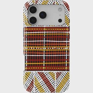 May include: A smartphone case with a colorful geometric pattern. The design features a mix of red, yellow, and white lines and shapes on a black background. The case has a protective design with a camera cutout.