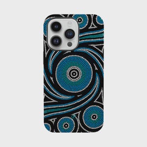 May include: A black phone case with a vibrant, abstract design. The pattern features swirling blue and white dots against a black background, creating a dynamic and eye-catching aesthetic. The case has a glossy finish and a camera cutout.