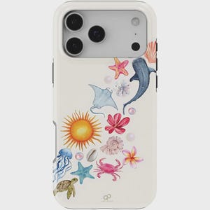 May include: A white iPhone case with a watercolour design of marine life, including a whale, starfish, and jellyfish. The design also features a sun, flowers, and seashells. The case has a glossy finish.