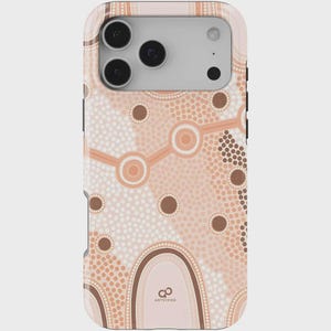 May include: A phone case with an abstract design in shades of beige, brown, and white. The pattern features dots, circles, and curved lines, with the text "ARTSYPOD" at the bottom. The case has a camera cutout.